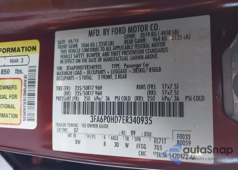 2014 Ford Fusion Se from USA, damaged, VIN 3FA6P0HD7ER340935